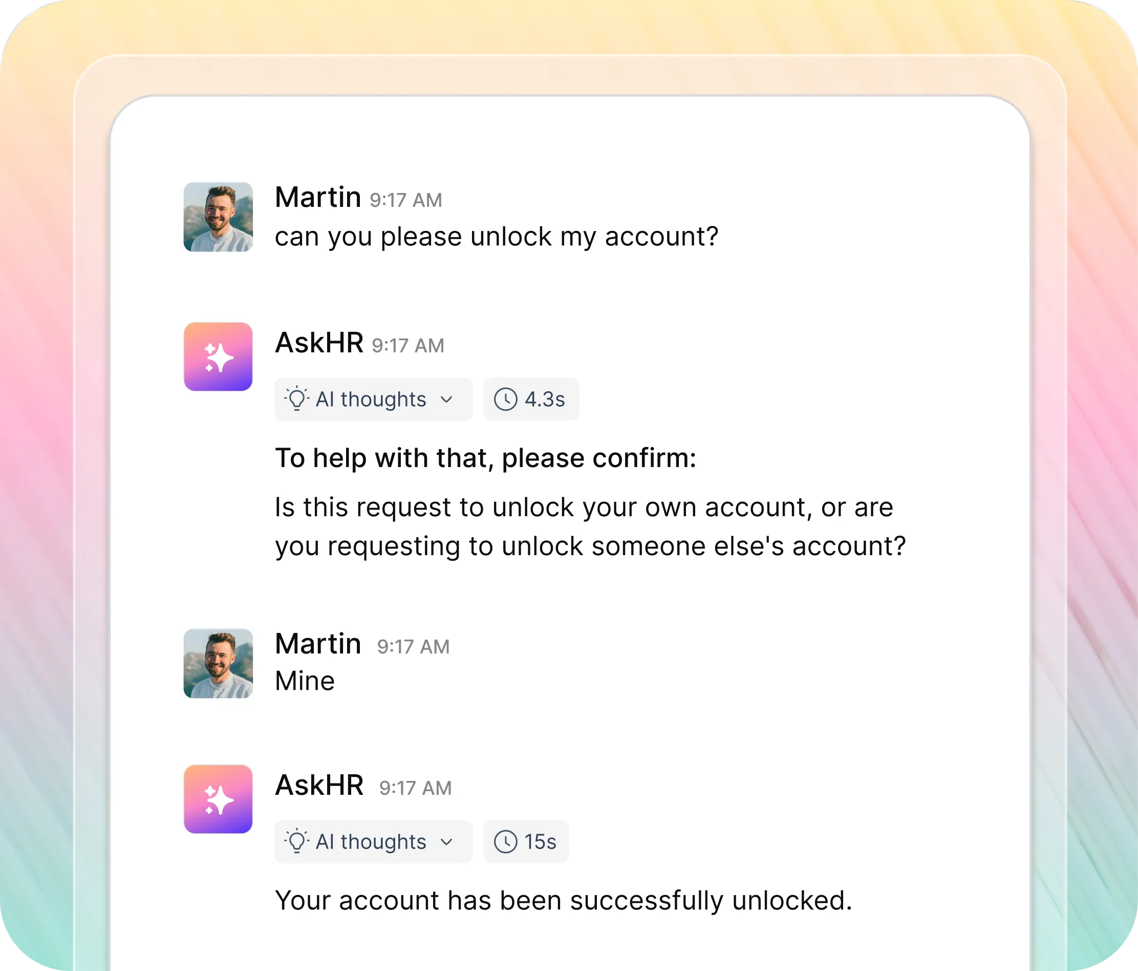 Workativ HR chatbot leave request workflow — employee asks, chatbot checks HRIS, submits request, confirms outcome in 3 minutes