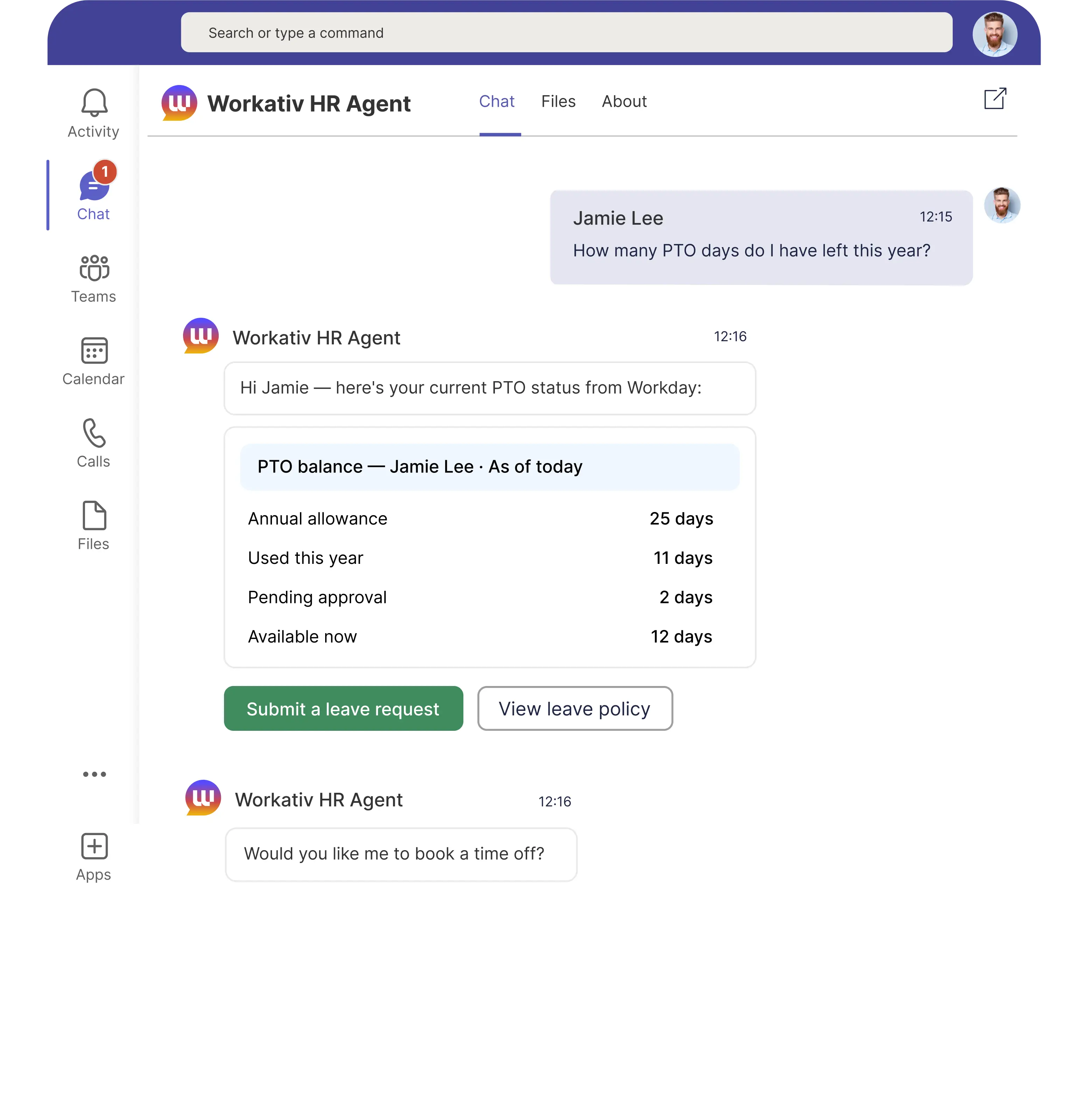 Workativ AI agent for HR helpdesk employee asks in Slack, AI agent answers from live HRIS data, HR alerted when needed