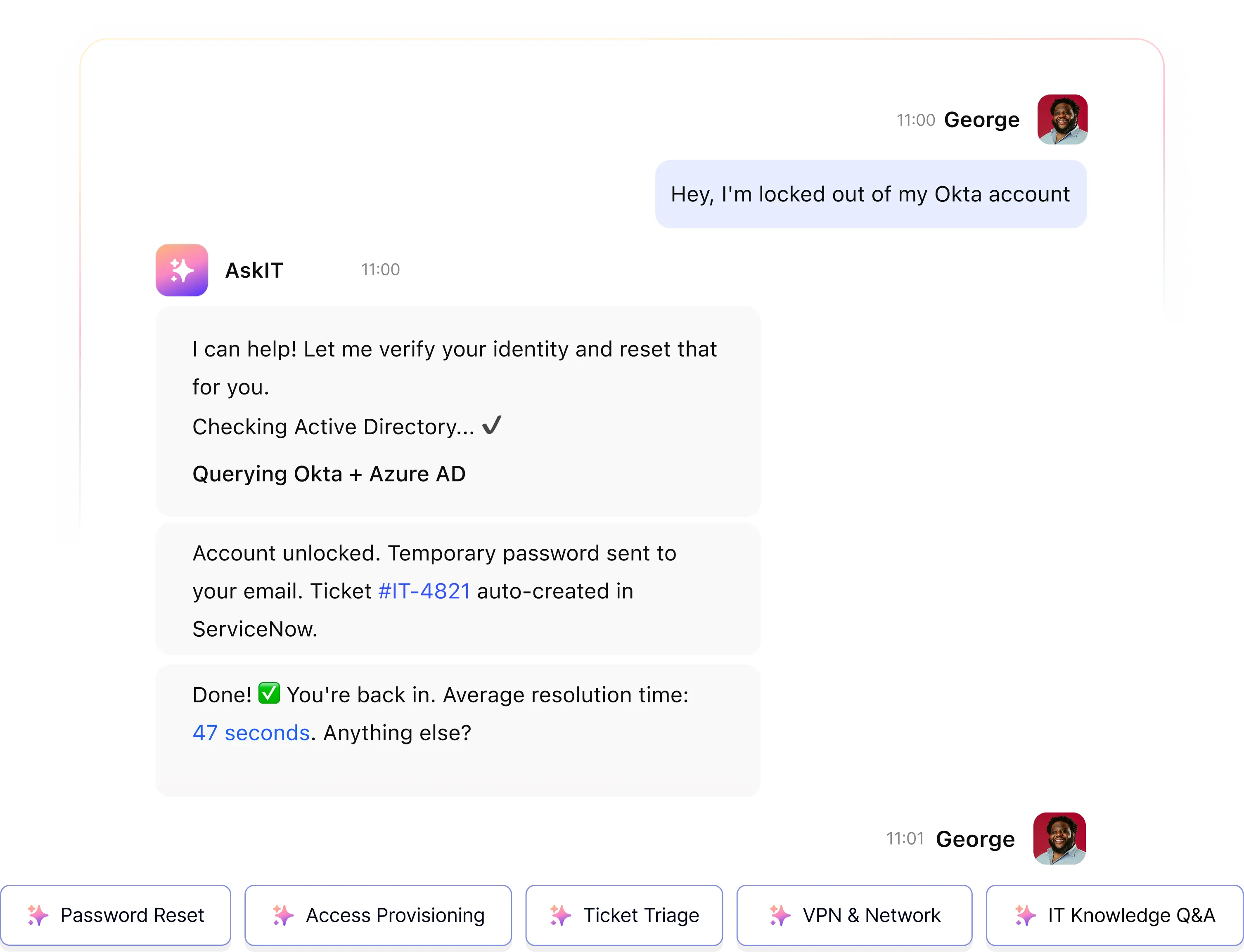 Workativ IT support chatbot — resolving IT ticket in Slack without helpdesk involvement