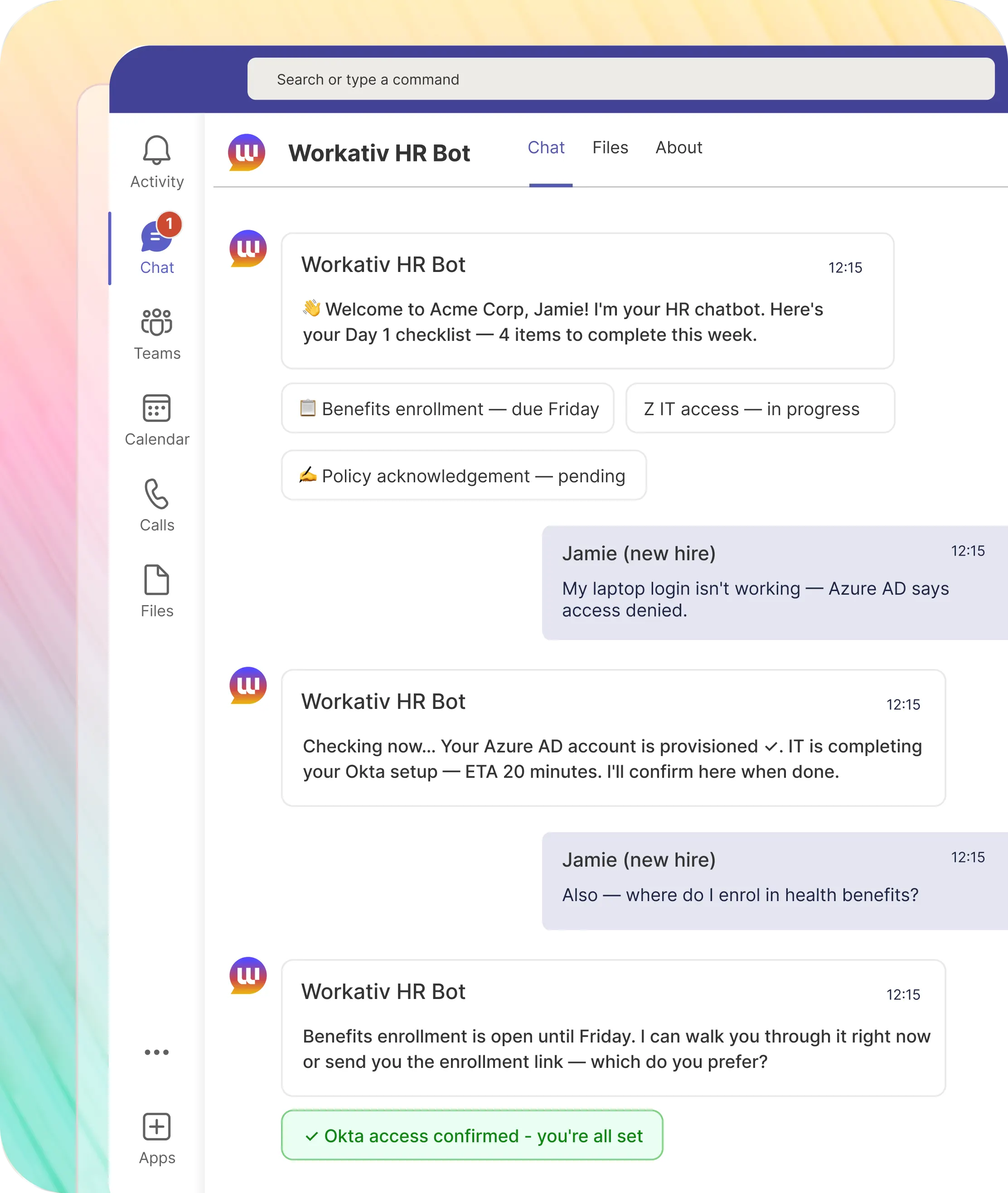 Workativ HR chatbot handling new hire onboarding checklist delivered in Slack before Day 1