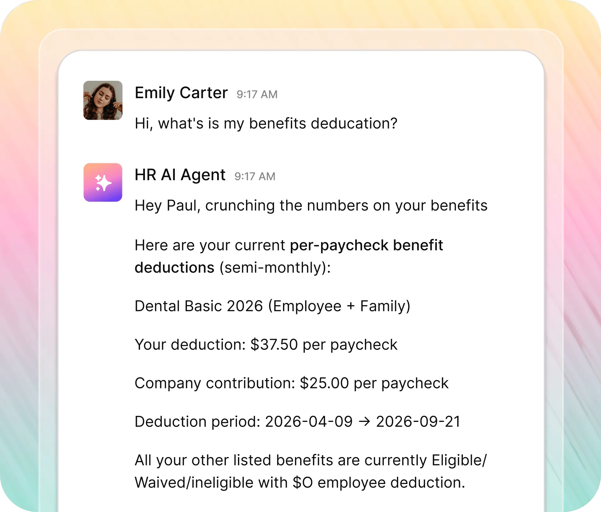 Workativ AI agent handling HR queries PTO, benefits, and policy questions automated in Slack